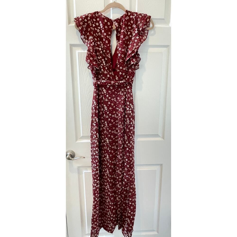 Love at First Sight Chiffon Floral Burgundy Maxi Dress Sz S #5